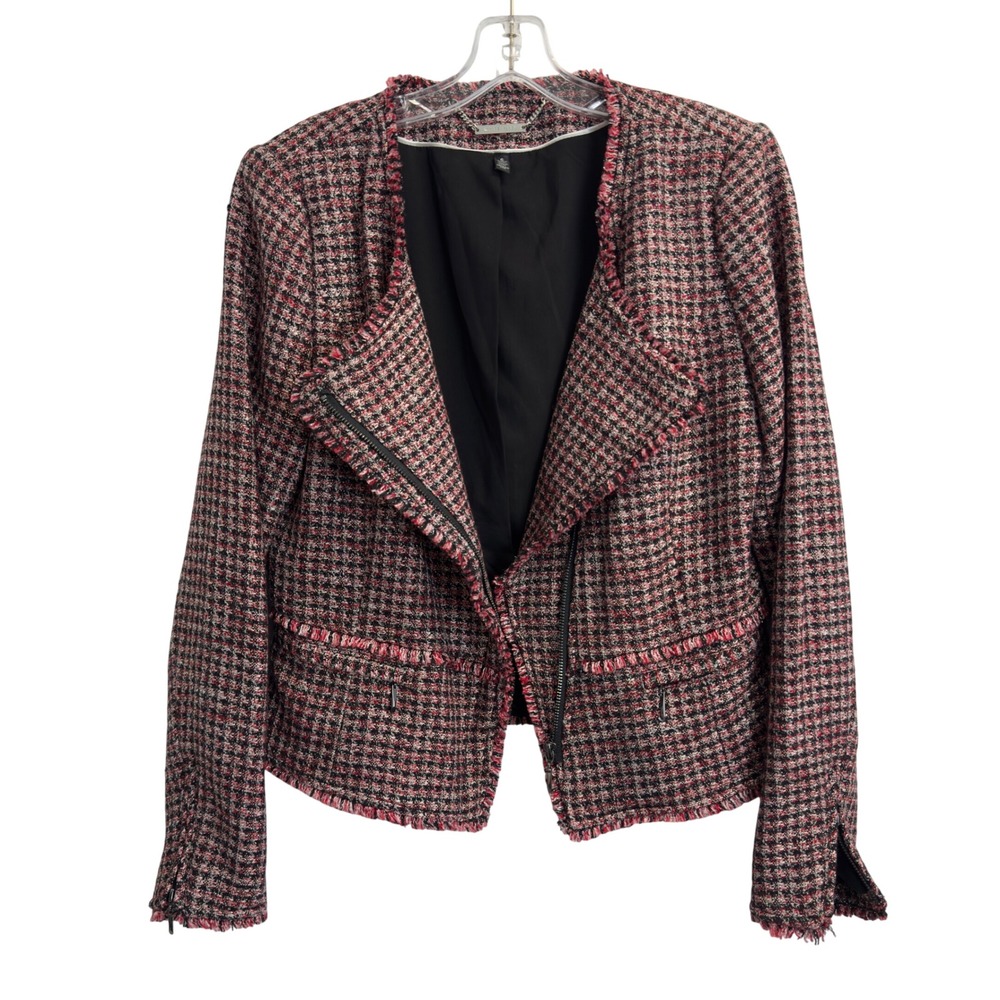 White House Black Market Tweed Moto Jacket Red Black Metallic Fringe Size 6